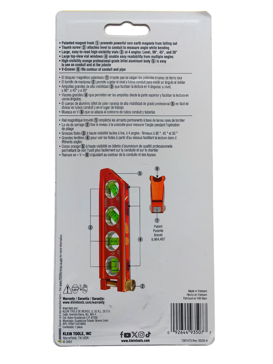Klein Tools 935AB4V - 6.25 in 4-Vial Torpedo Conduit Level (High Visibility)