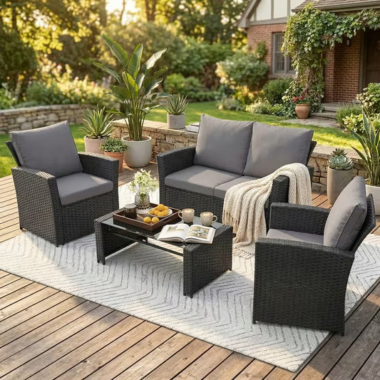 4-Piece All-Weather Wicker Conversation Set - Heavy-Duty Outdoor Lounge System