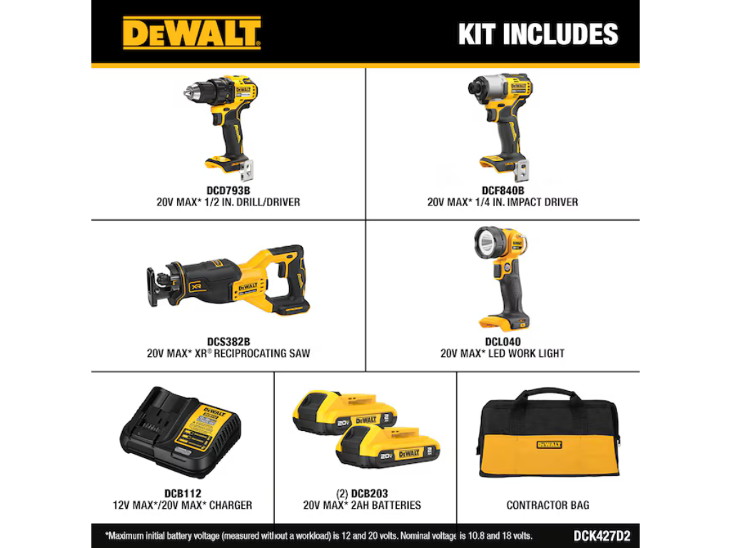 DEWALT — 20V MAX 4-Tool Brushless Combo Kit (DCK427D2)
