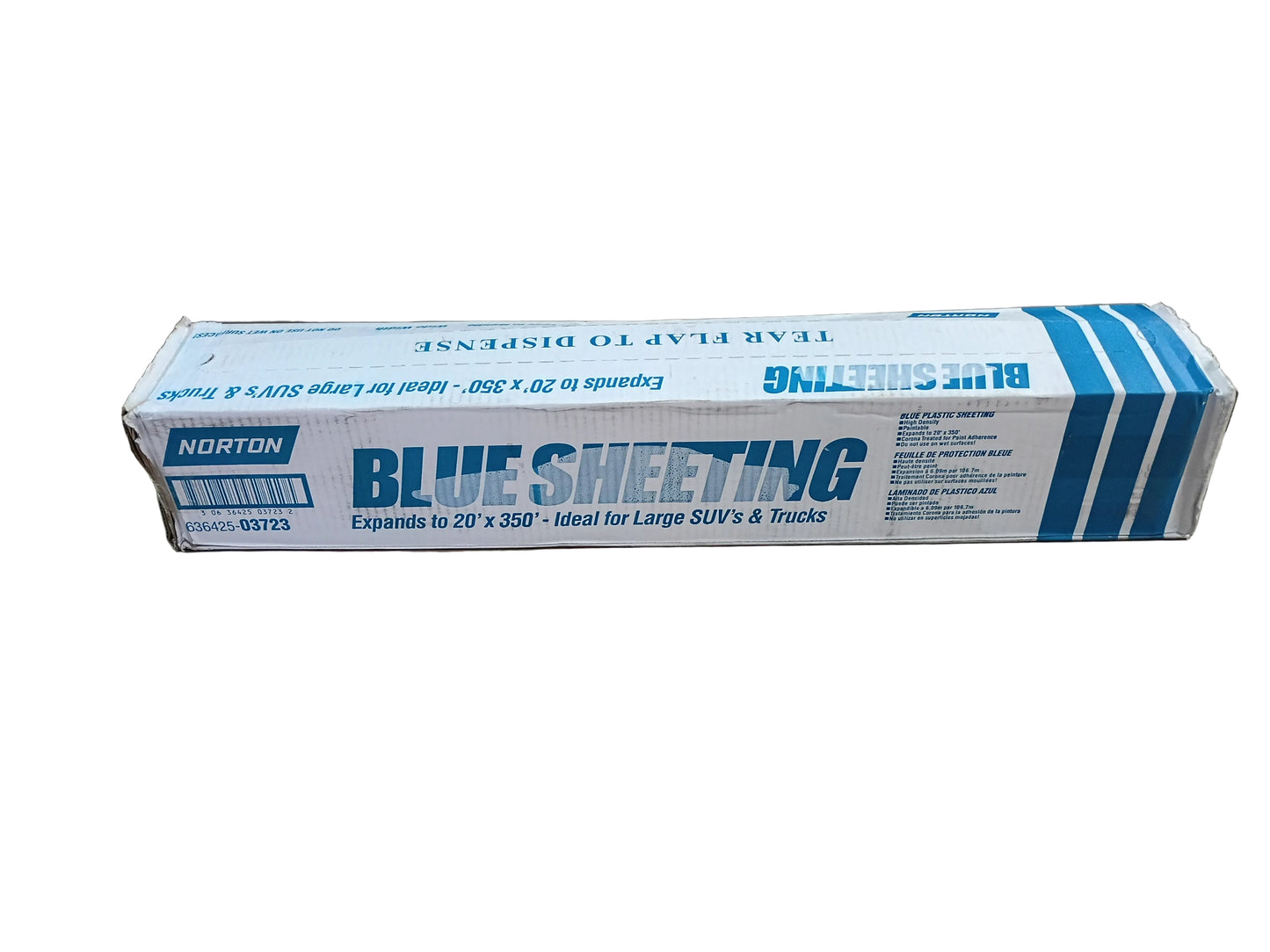 Norton Blue Sheeting box with the front label and Norton logo visible, along with an upside-down "Tear Flap to Dispense" instruction printed along the top edge
