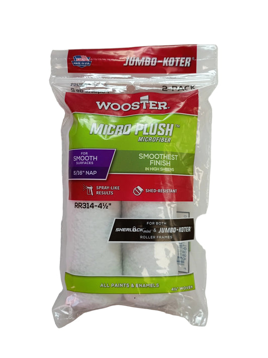 A 2-pack of 5/16 NAP, 4.5 inch Jumbo-Kletter Wooster Micro Push Roller paint rollers in their original retail packaging, featuring red, green, and white branding on a light gray background.