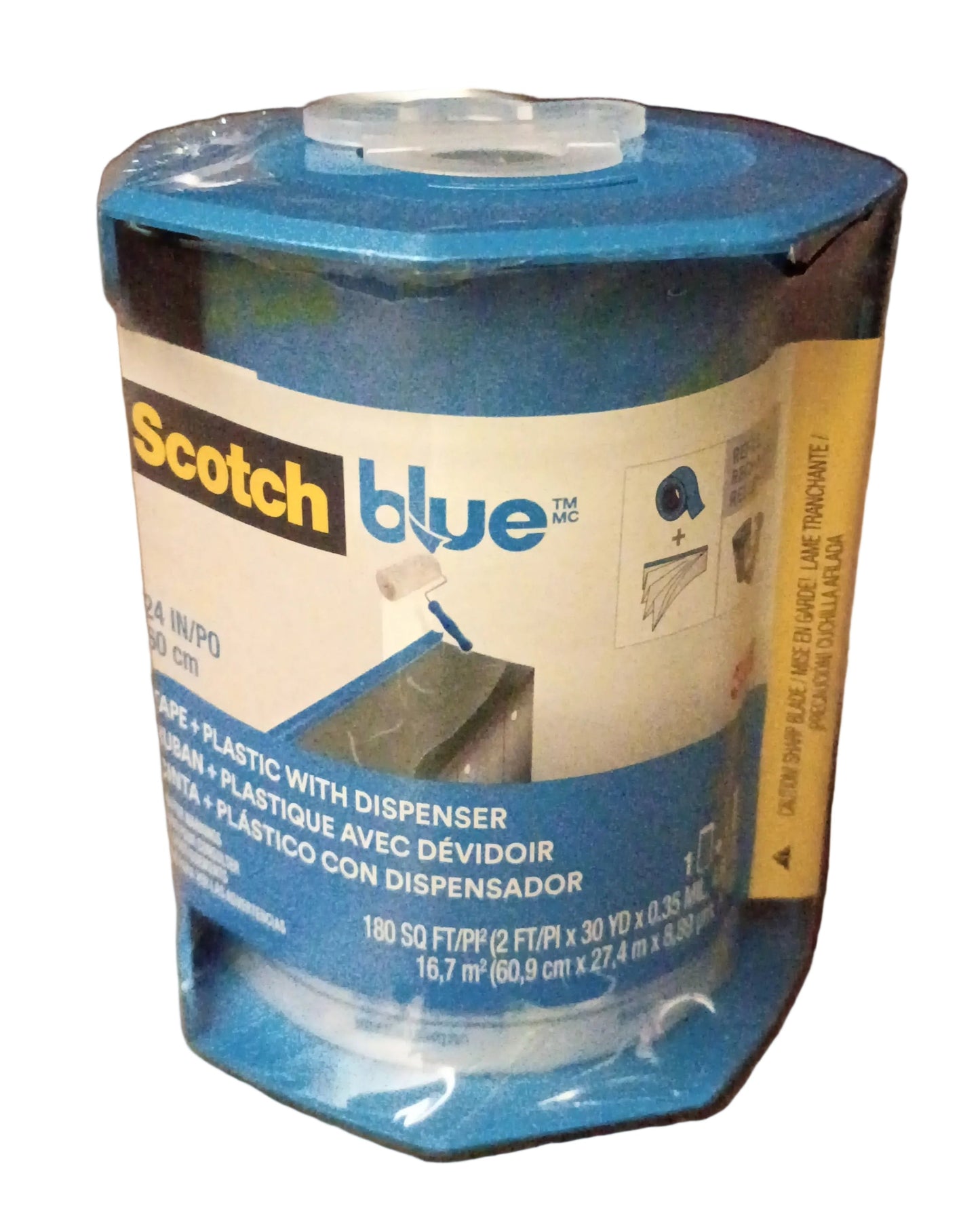 A roll of Scotch Blue tape with a dispenser, wrapped in protective plastic with a white background.