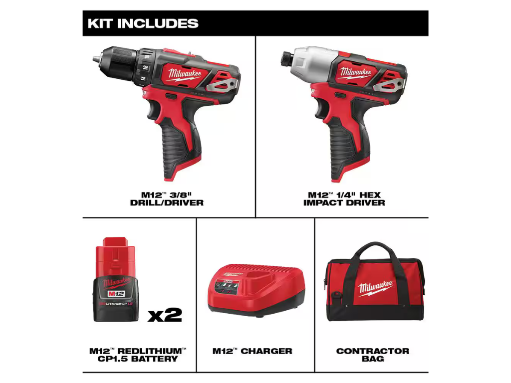 Milwaukee — M12 2-Tool Combo Kit (3/8" Drill Driver & 1/4" Impact Driver) — 2 x 1.5Ah Batteries, Charger & Bag