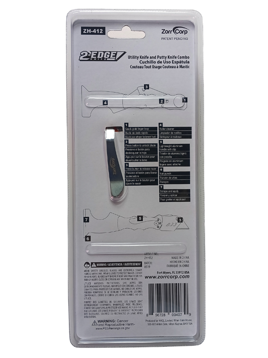 ZorrCorp 2-EDGE 7-in-1 Folding Utility Knife & Putty Knife Combo - Aluminum Handle with Pocket Clip (ZH-412)