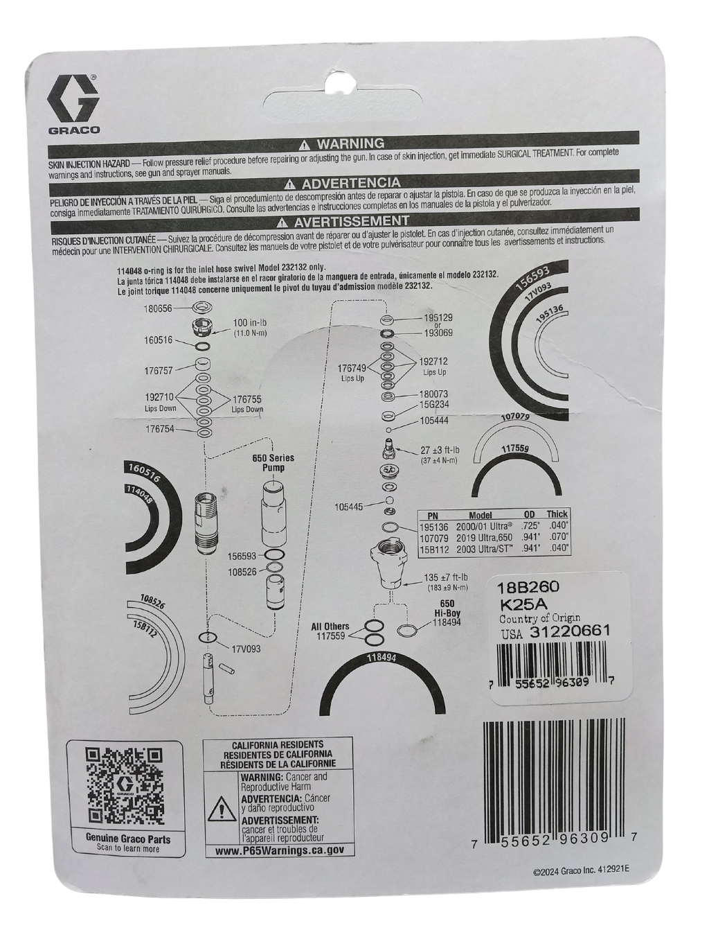 Graco Fluid Section Packing Repair Kit - OEM (18B260 / 244194) for Ultra 395, 495, 595
