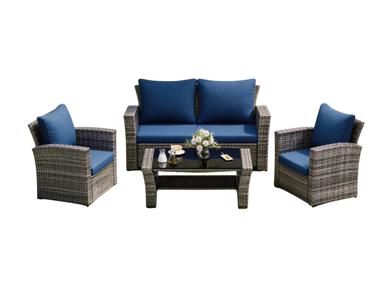 4-Piece Outdoor Wicker Conversation Set - Heavy-Duty Patio Furniture with Cushions