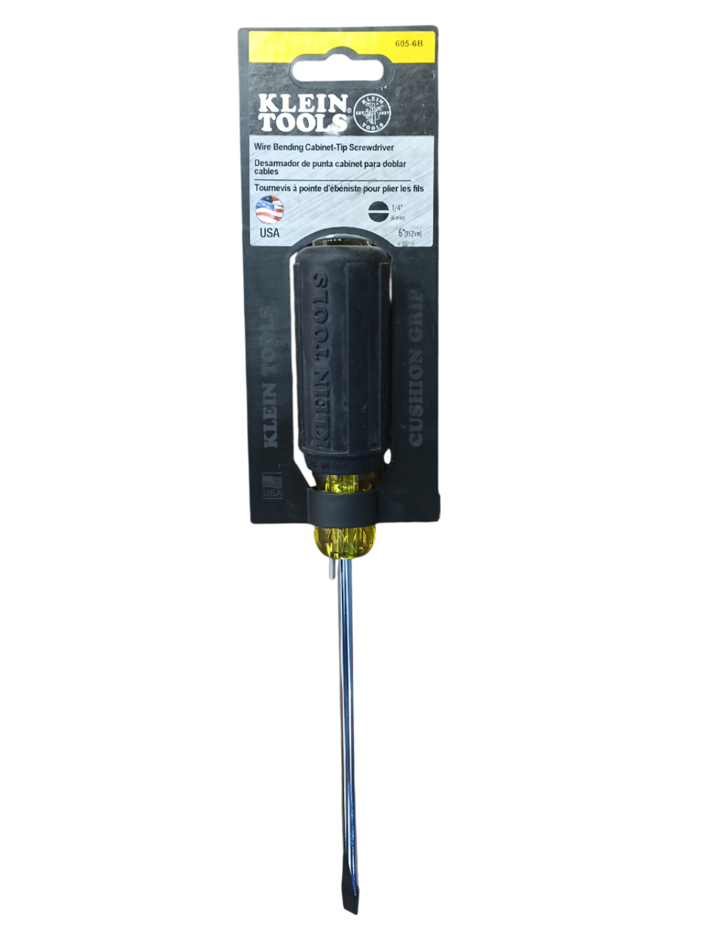 Klein 1/4" Cabinet Tip Wire-Bending Flat Head Screwdriver — 6" Round Shank 605-6B