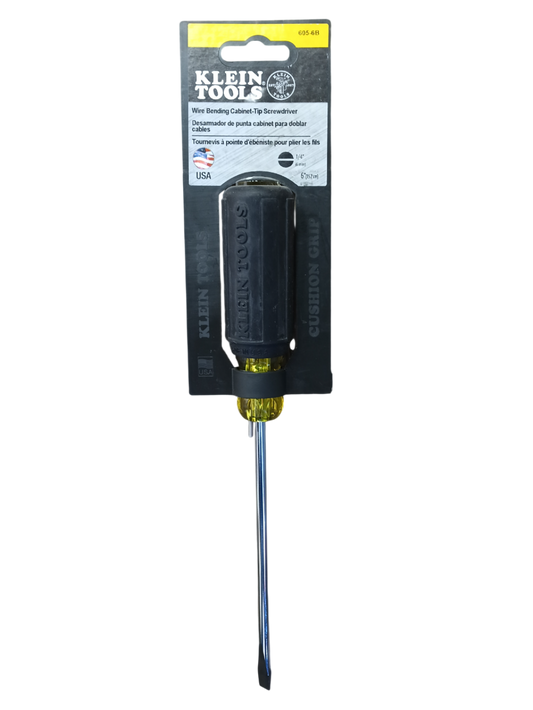 Klein 1/4" Cabinet Tip Wire-Bending Flat Head Screwdriver — 6" Round Shank 605-6B