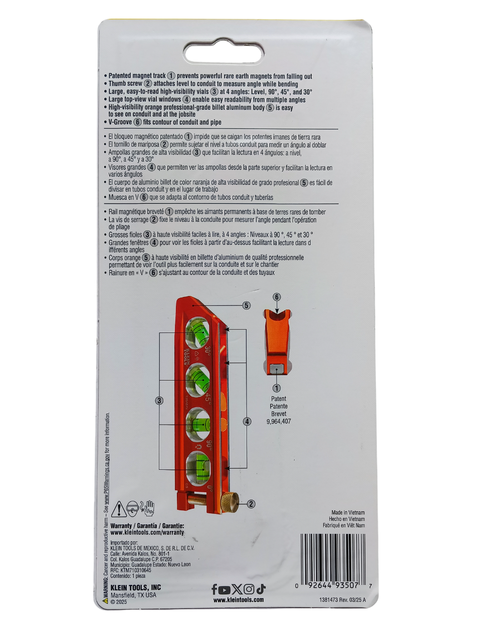 Klein Tools 935AB4V - 6.25 in 4-Vial Torpedo Conduit Level (High Visibility)
