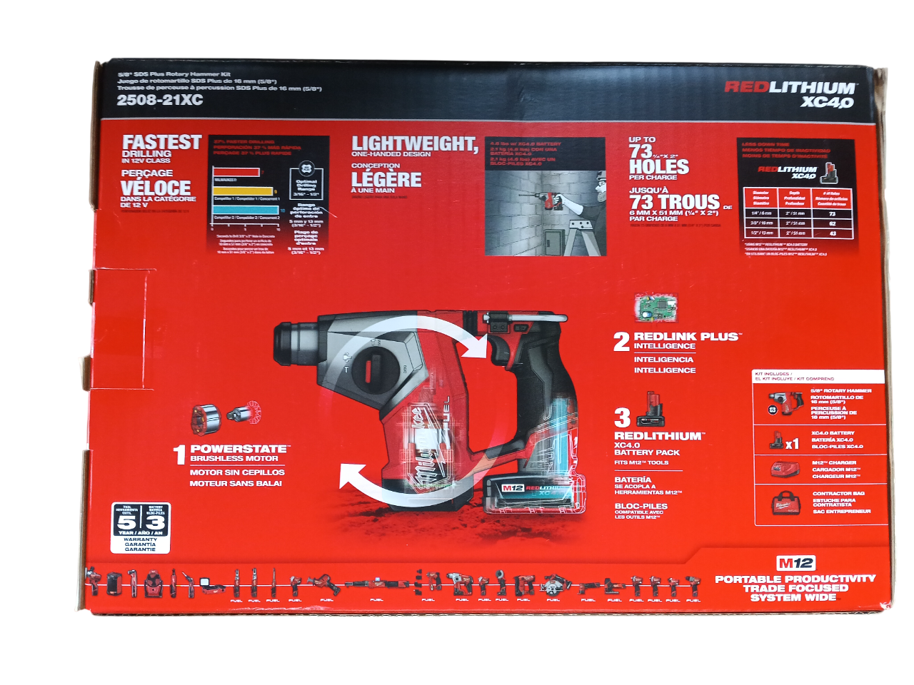 Milwaukee M12 FUEL 5/8" SDS Plus Rotary Hammer Kit - 2508-21XC with 4.0Ah Battery