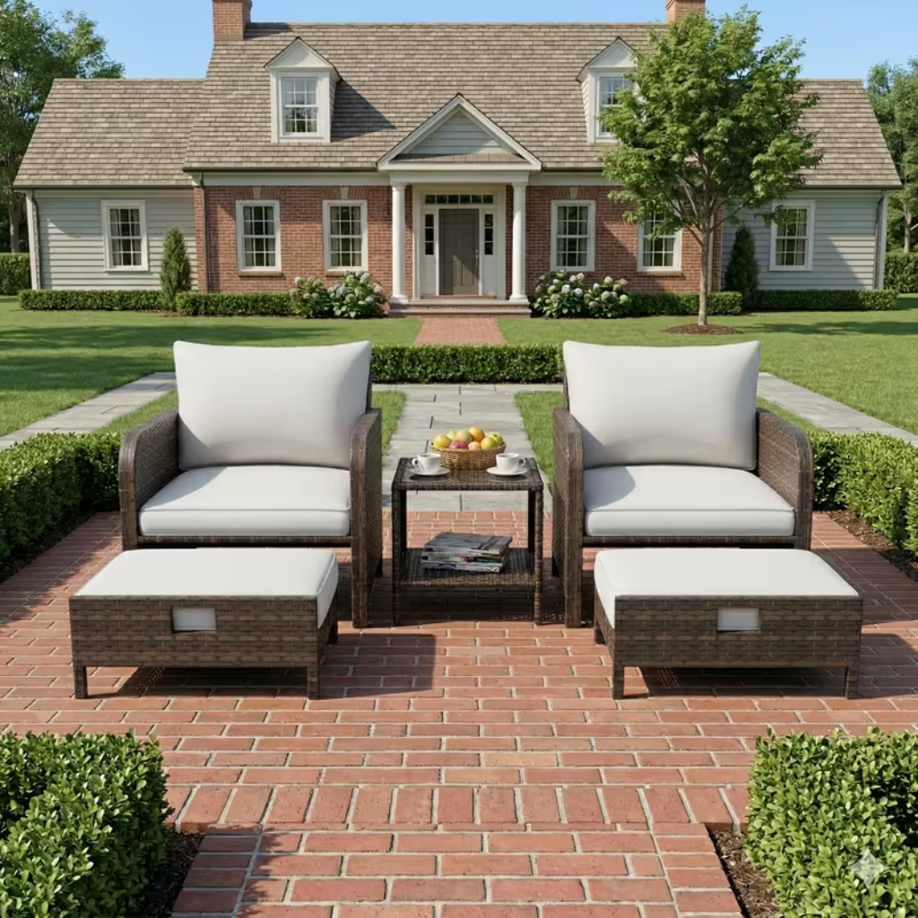 5-Piece Outdoor All-Weather Wicker Conversation Set - 2 Chairs, 2 Ottomans & Side Table