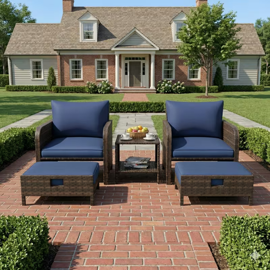 5-Piece Outdoor All-Weather Wicker Conversation Set - 2 Chairs, 2 Ottomans & Side Table