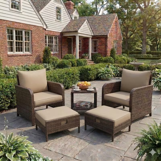 5-Piece Outdoor All-Weather Wicker Conversation Set - 2 Chairs, 2 Ottomans & Side Table