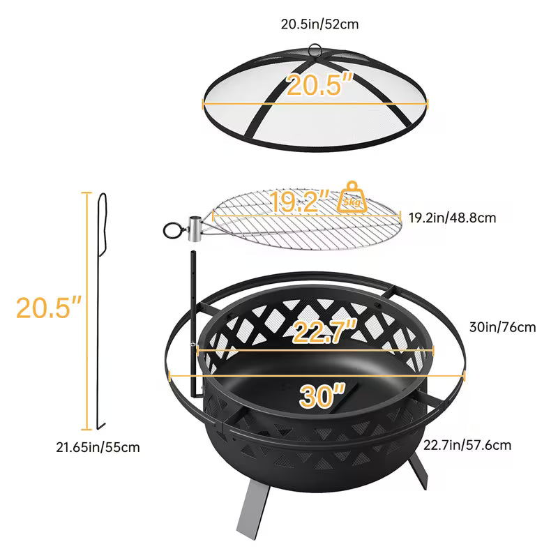 30 in. Wood-Burning Fire Pit with Swing-Away Cooking Grate and Spark Screen