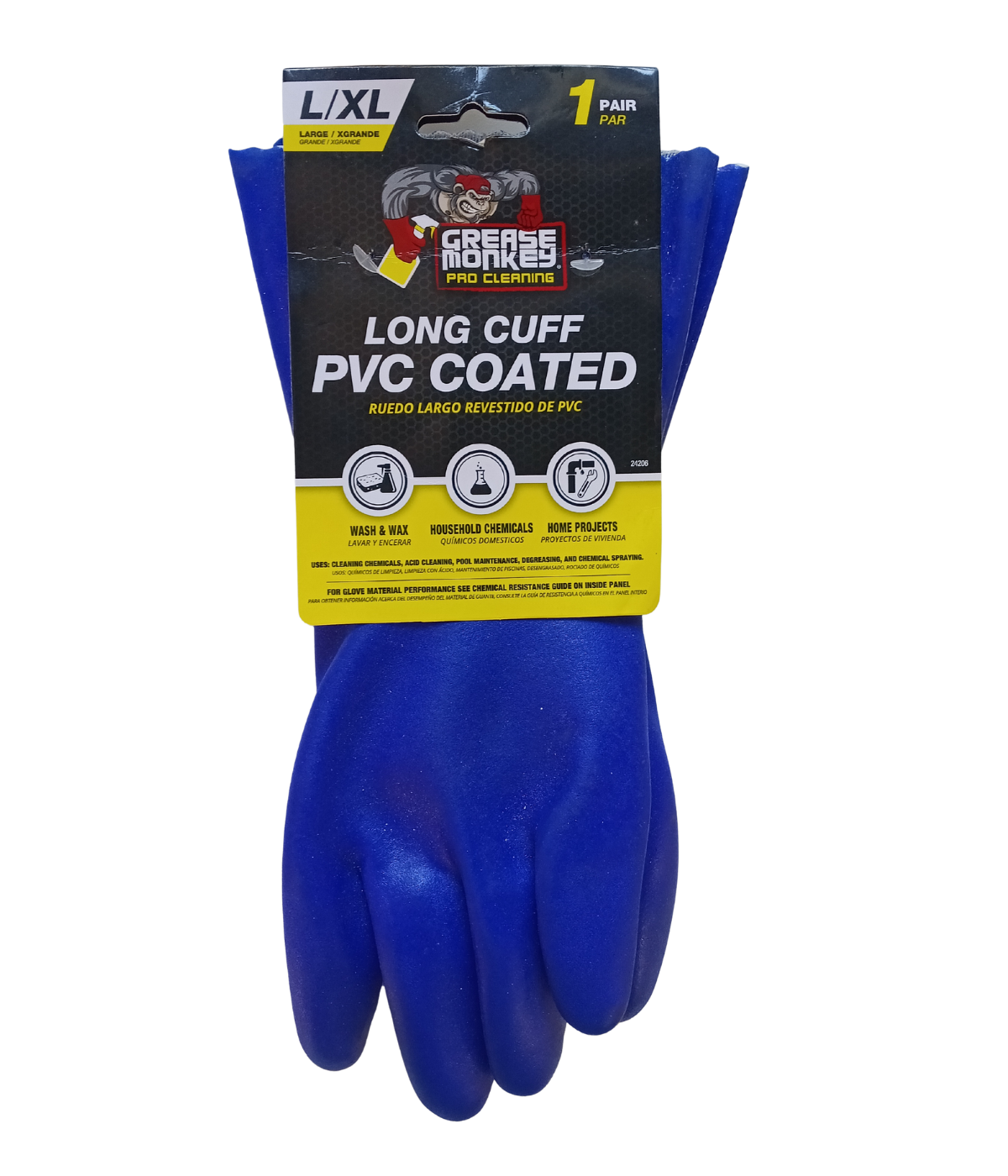 Grease Monkey Pro Cleaning PVC Coated Gloves - L/XL, Long Cuff Chemical Resistant