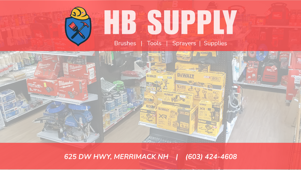 HB Supply store interior with tools and equipment, featuring the HB Supply logo and contact information.