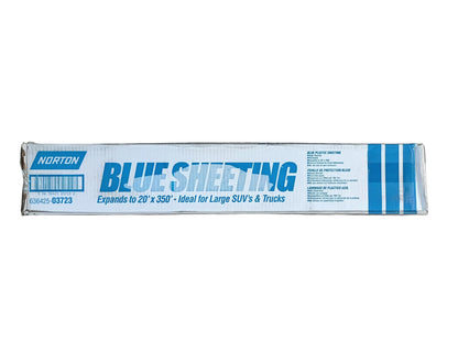 Norton Blue Sheeting box shown straight-on, with the Norton logo, barcode, and "Expands to 20 ft x 350 ft, ideal for large SUVs and trucks" text clearly visible