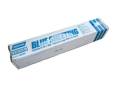 Norton Blue Sheeting box shown at a diagonal angle, with the Norton logo, barcode, and "Expands to 20 ft x 350 ft, ideal for large SUVs and trucks" text