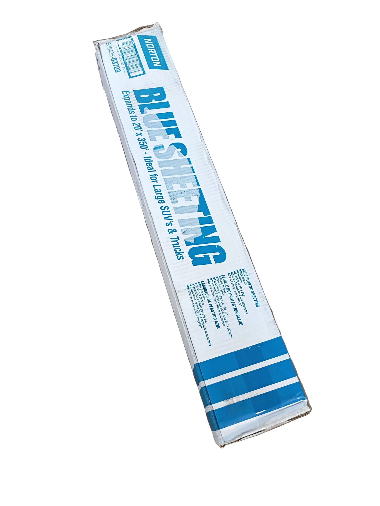 Norton Blue Sheeting box shown in a vertical diagonal orientation, with the Norton logo, barcode, and "Expands to 20 ft x 350 ft, ideal for large SUVs and trucks" text running down the box