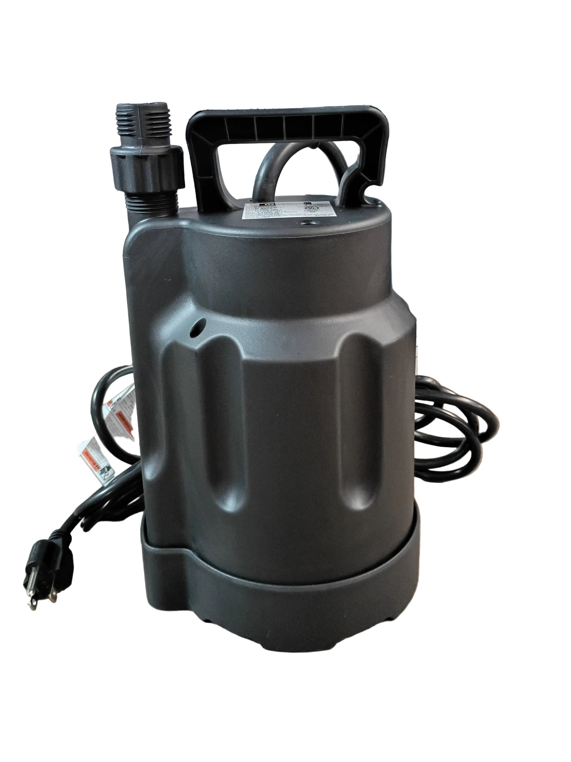 A black Utility Pump submersible pump with its power cord with a white background.