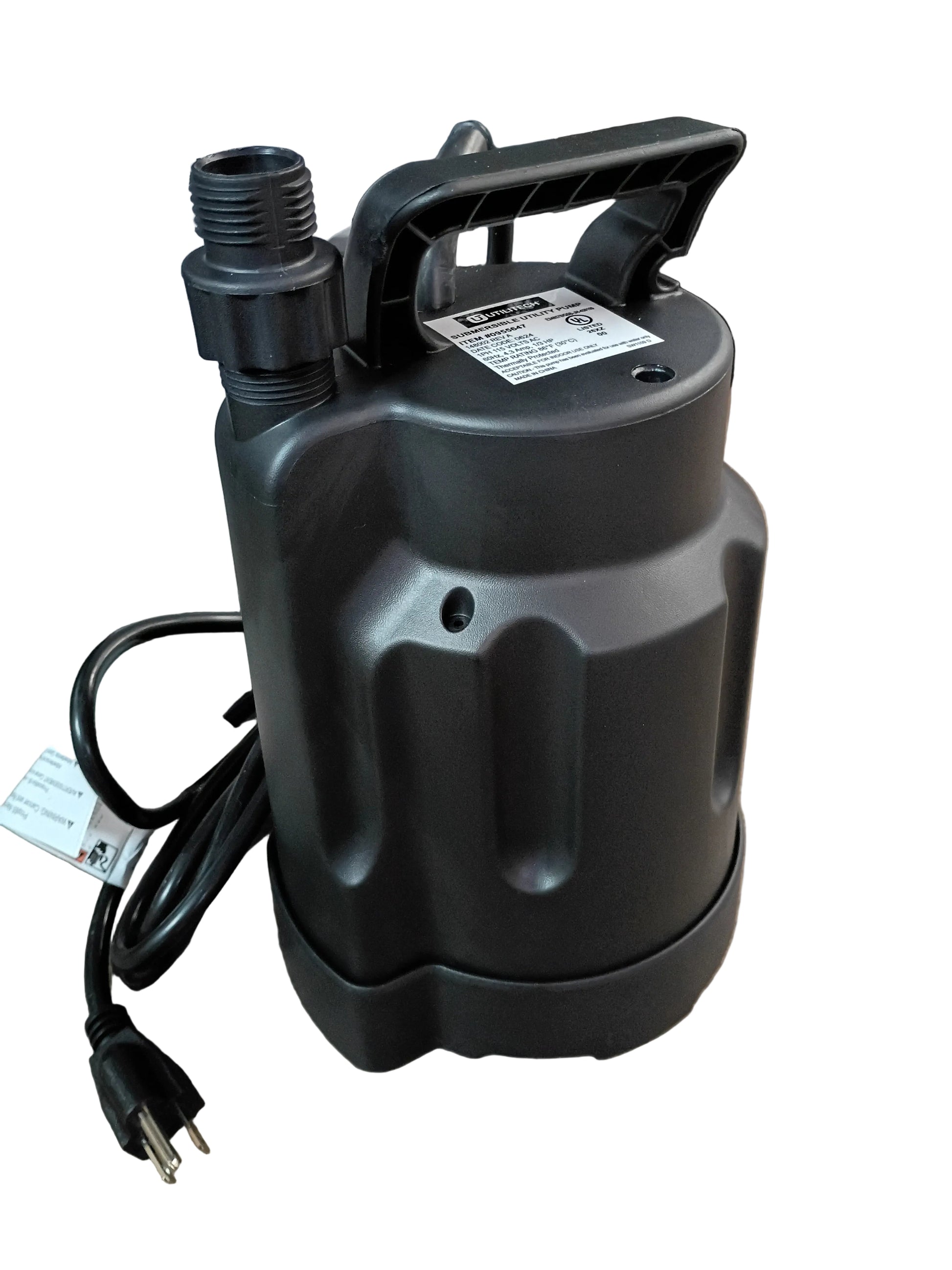 A black Utilitech submersible utility pump with its power cord with a white background.