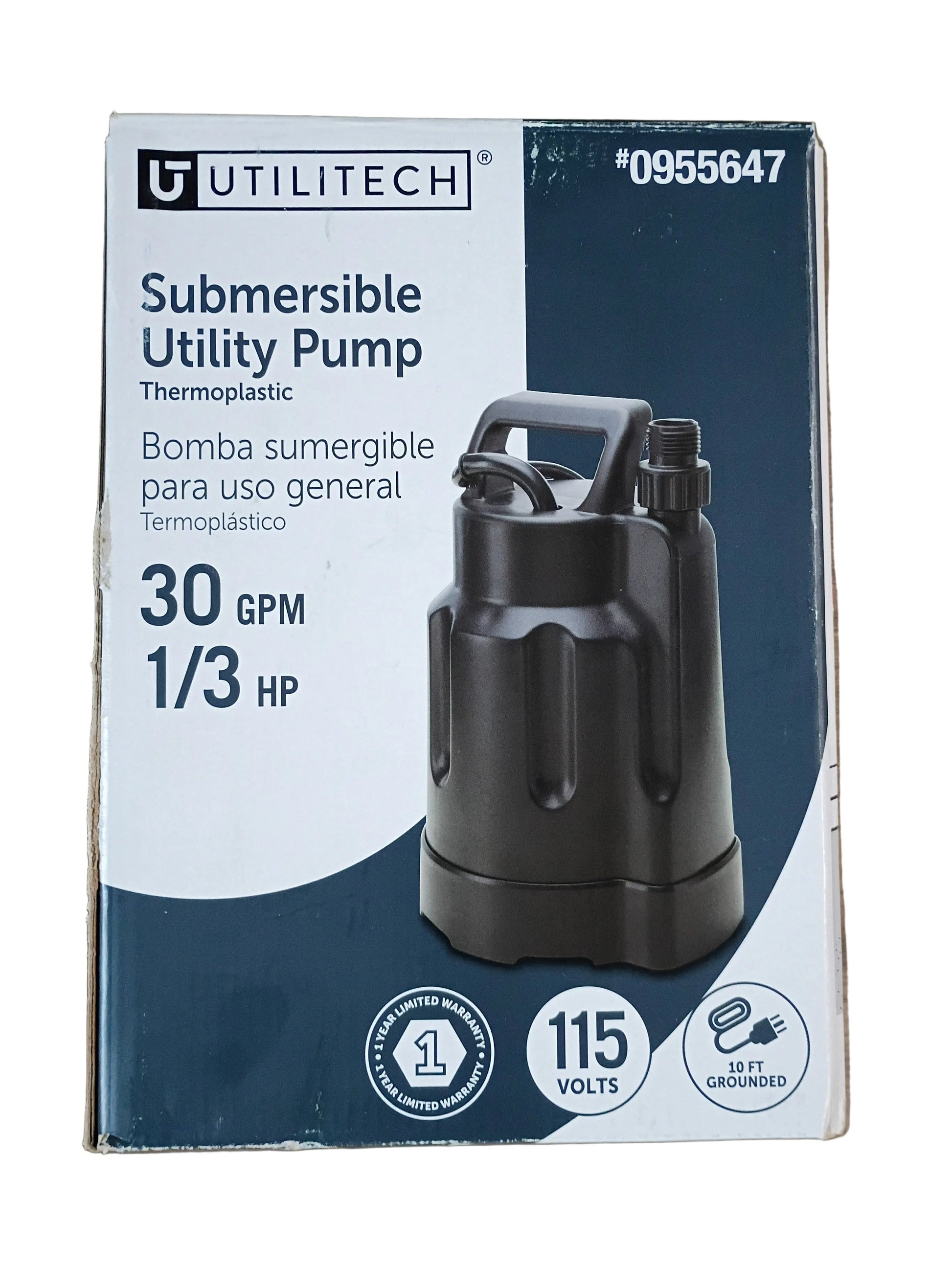 A boxed Utilitech submersible utility pump with a white background. The retail box is white and dark blue, featuring a photo of the black pump and text including '30 GPM', '1/3 HP', '115 VOLTS', and 'GET GROUNDED'.