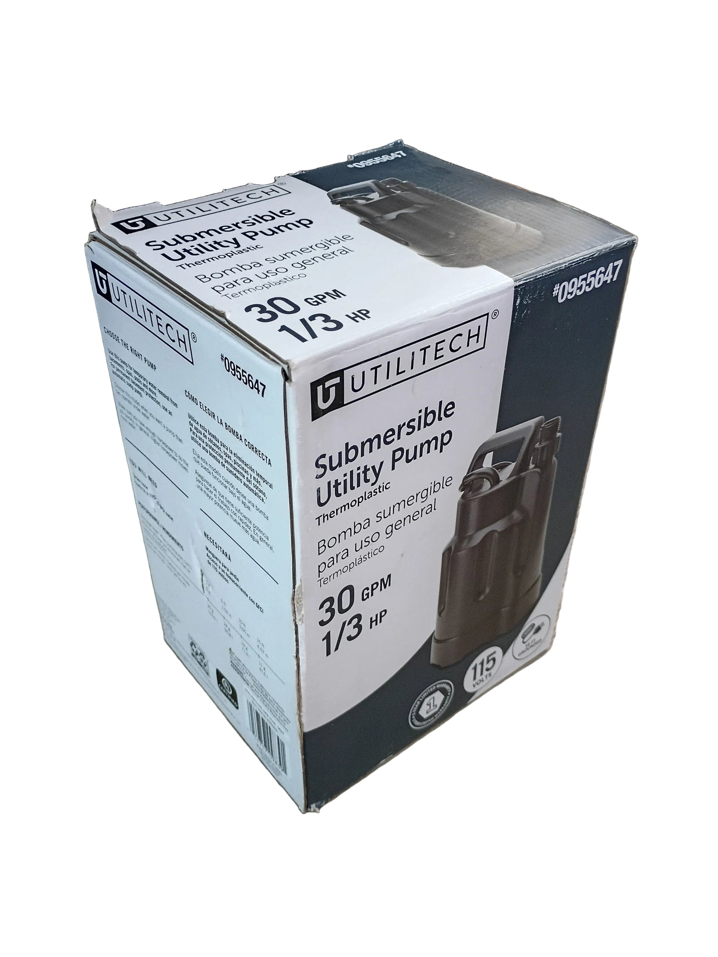 An image of an angled box for the Utilitech Submersible Utility Pump 1/3 HP, 30 GPM with a white background.