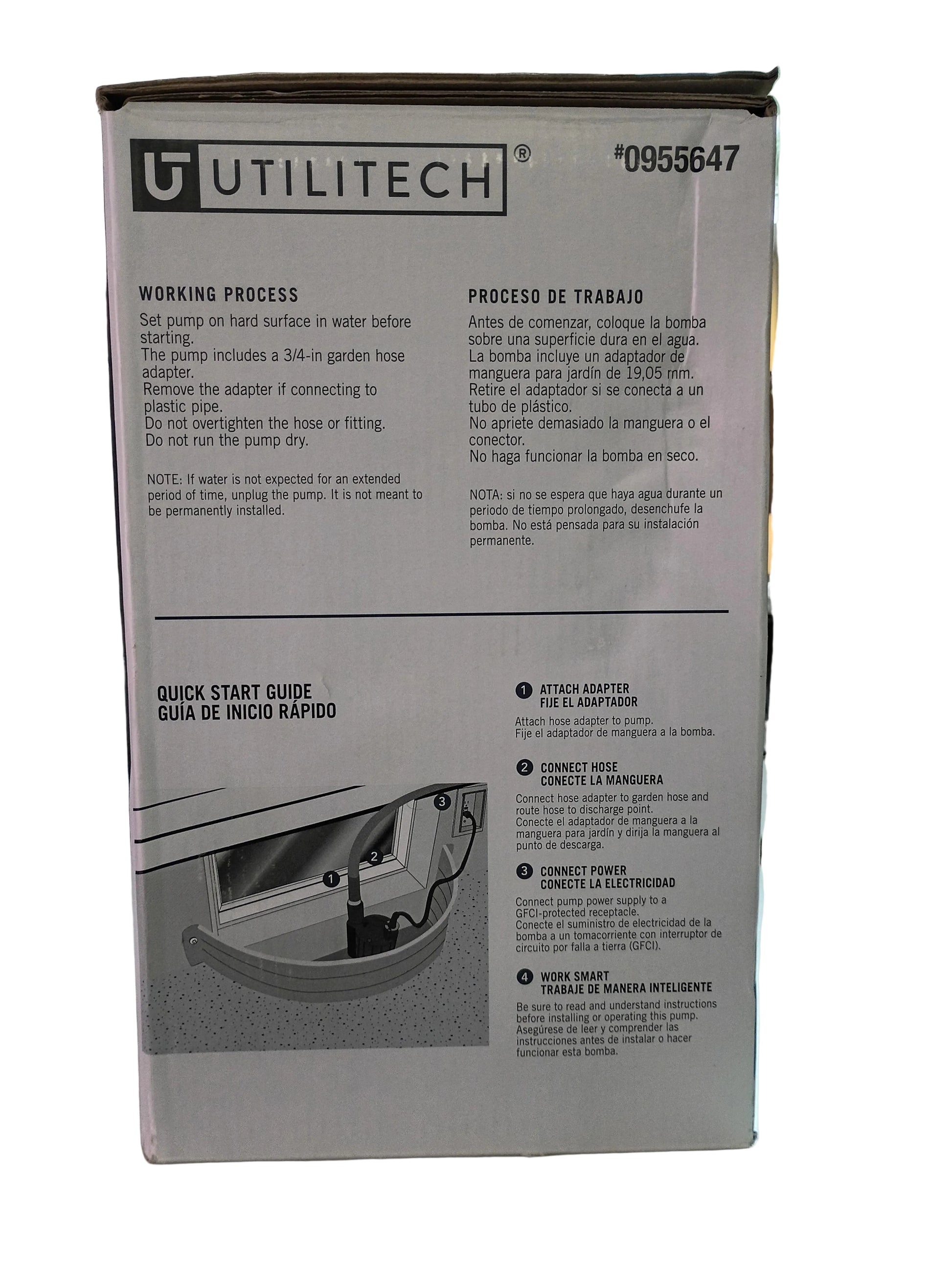 A Utilitech product box with a white background, showing printed instructions and a small product diagram on the side panel.