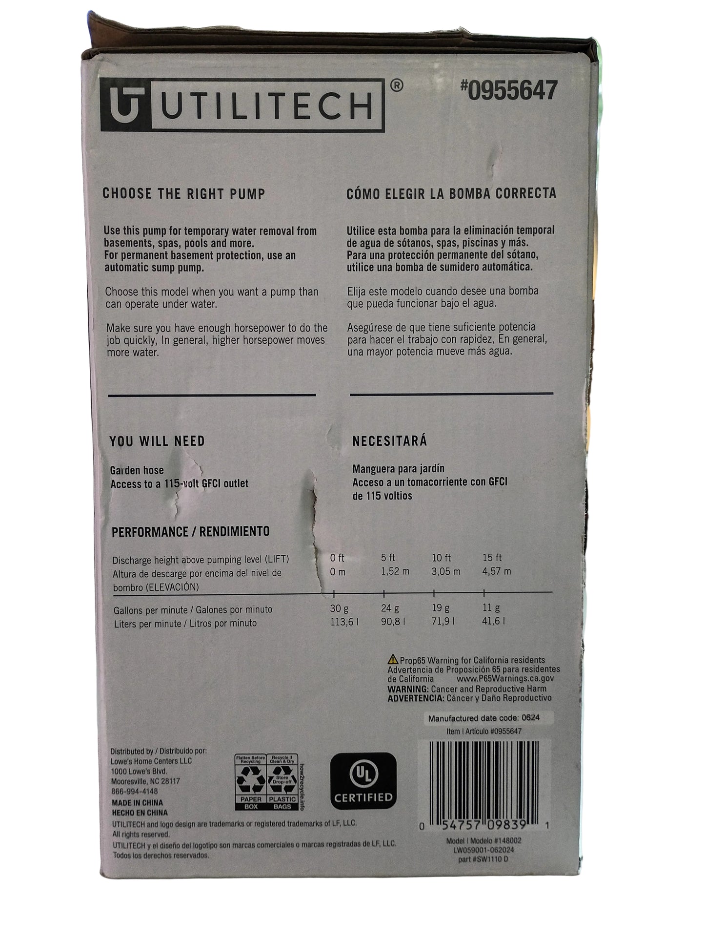 The back of a Utilitech pump product box, showing printed instructions, specifications, a barcode, and certification logos with a white background.