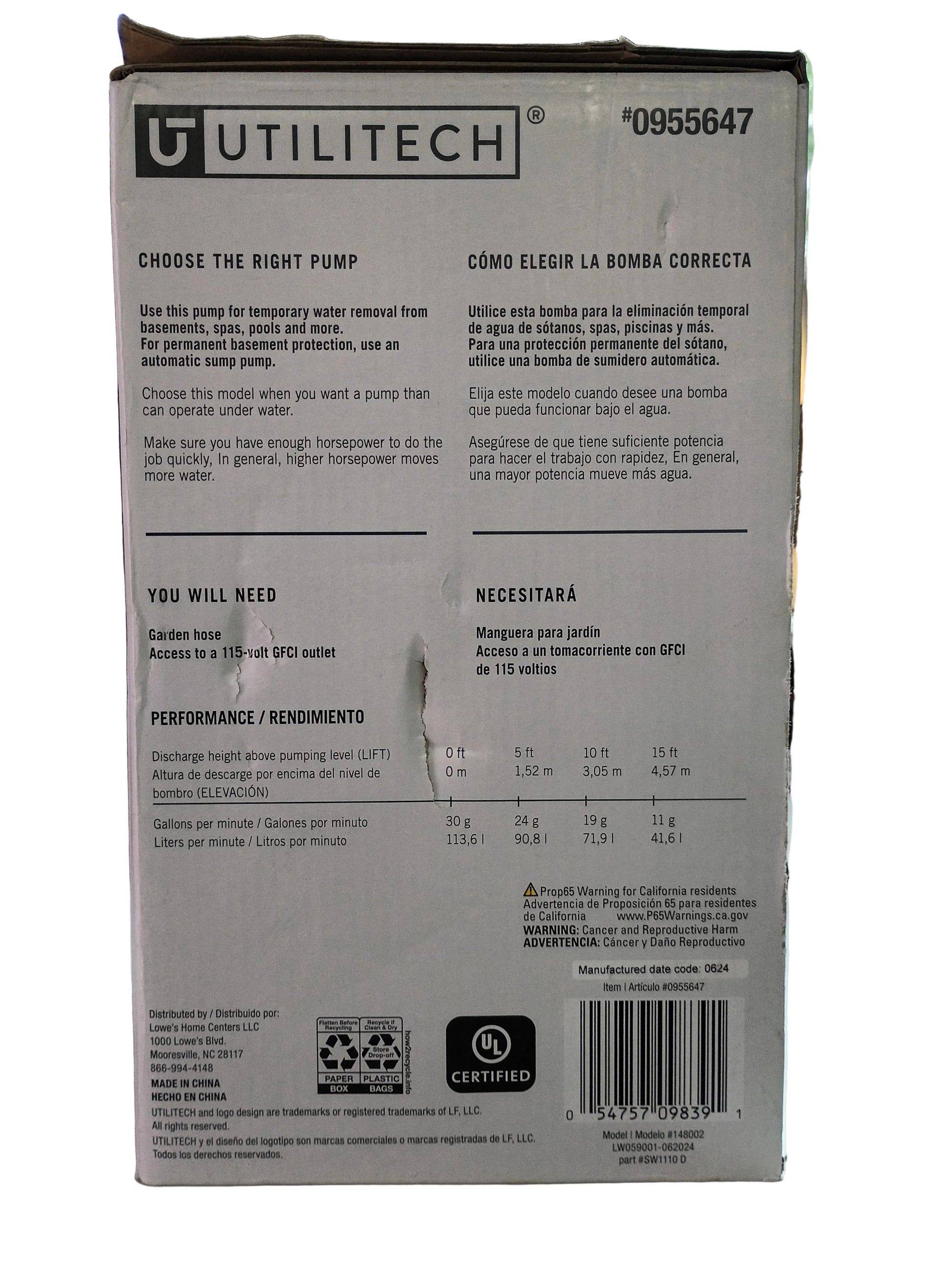 The back of a Utilitech pump product box, showing printed instructions, specifications, a barcode, and certification logos with a white background.