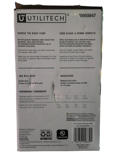 The back of a Utilitech pump product box, showing printed instructions, specifications, a barcode, and certification logos with a white background.