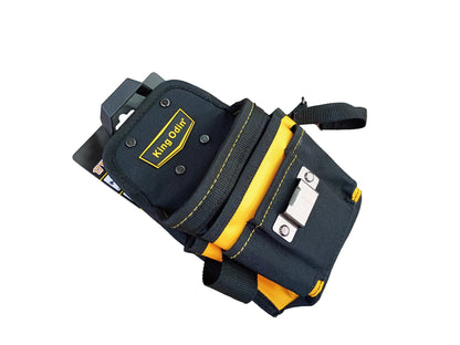 A black and yellow King Odin tool pouch with a plastic and metal clip, with a white background.