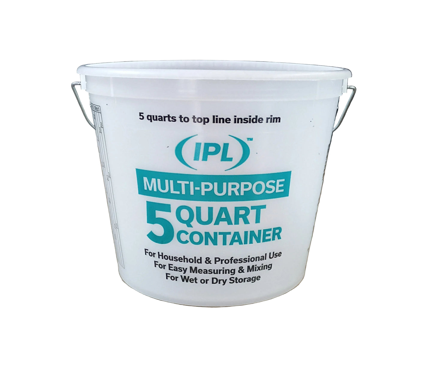 A white IPL Leaktite plastic 5-quart multi-purpose storage container with metal handle, featuring teal and black text including the IPL logo, with a white background.