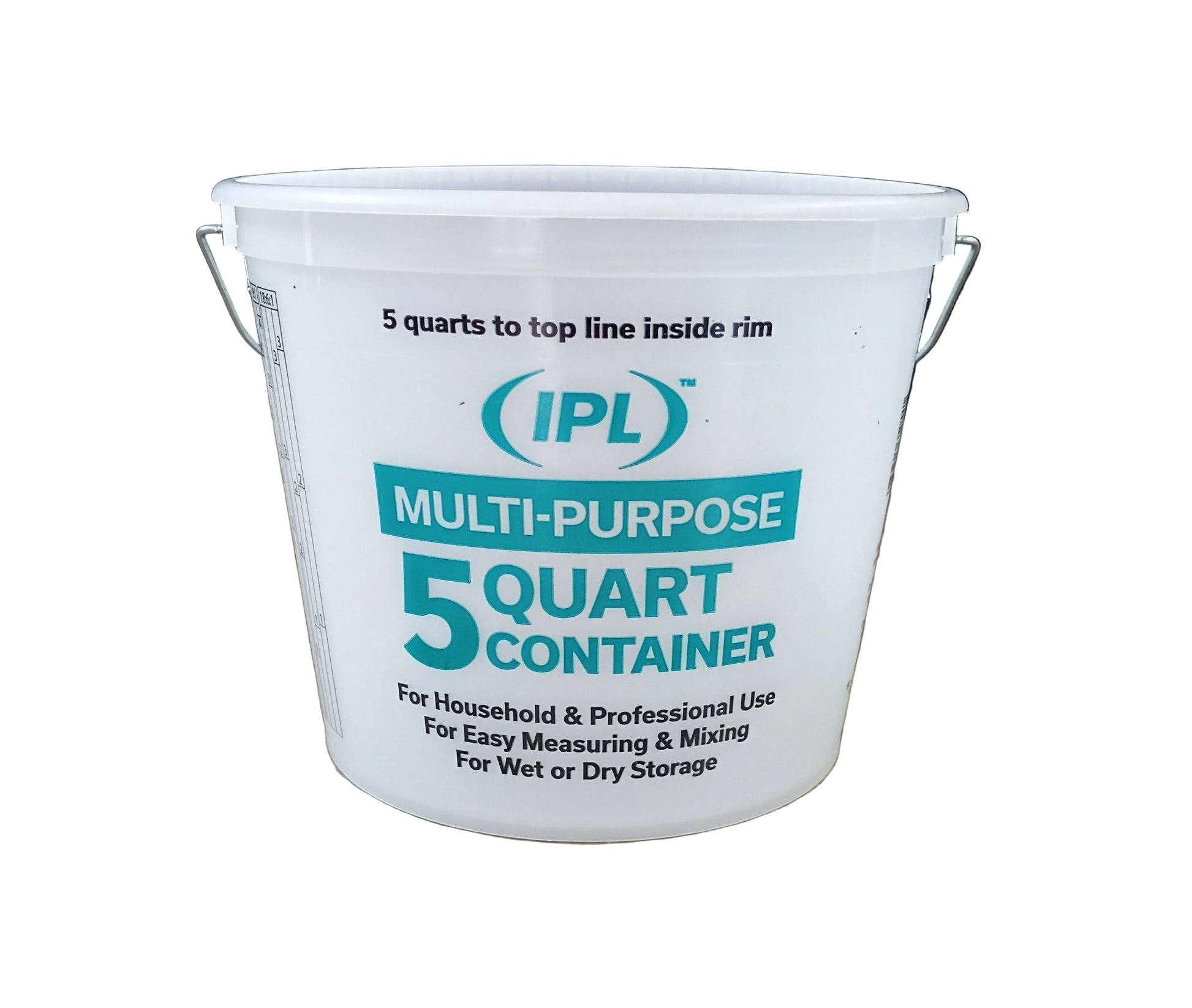 A white IPL Leaktite plastic 5-quart multi-purpose storage container with metal handle, featuring teal and black text including the IPL logo, with a white background.