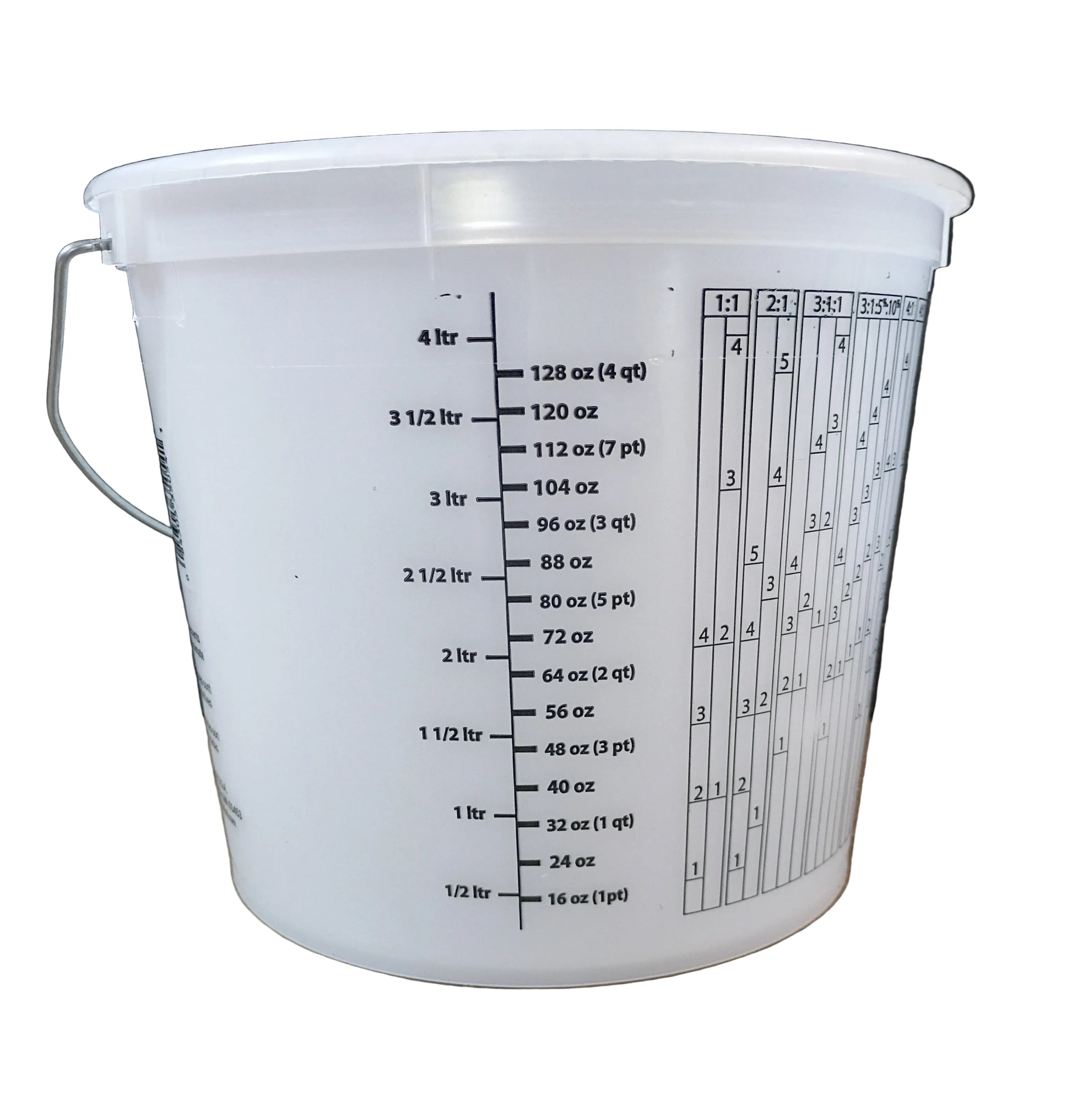 A white IPL Leaktite 5 quart plastic bucket with a metal handle, featuring printed measurement markings in ounces and liters, with a white background.