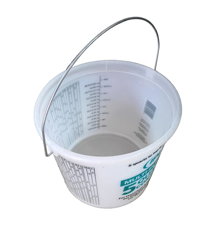A white IPL Leaktite 5 quart plastic bucket with a metal wire handle, featuring printed measurement markings and a blue logo, with a white background.