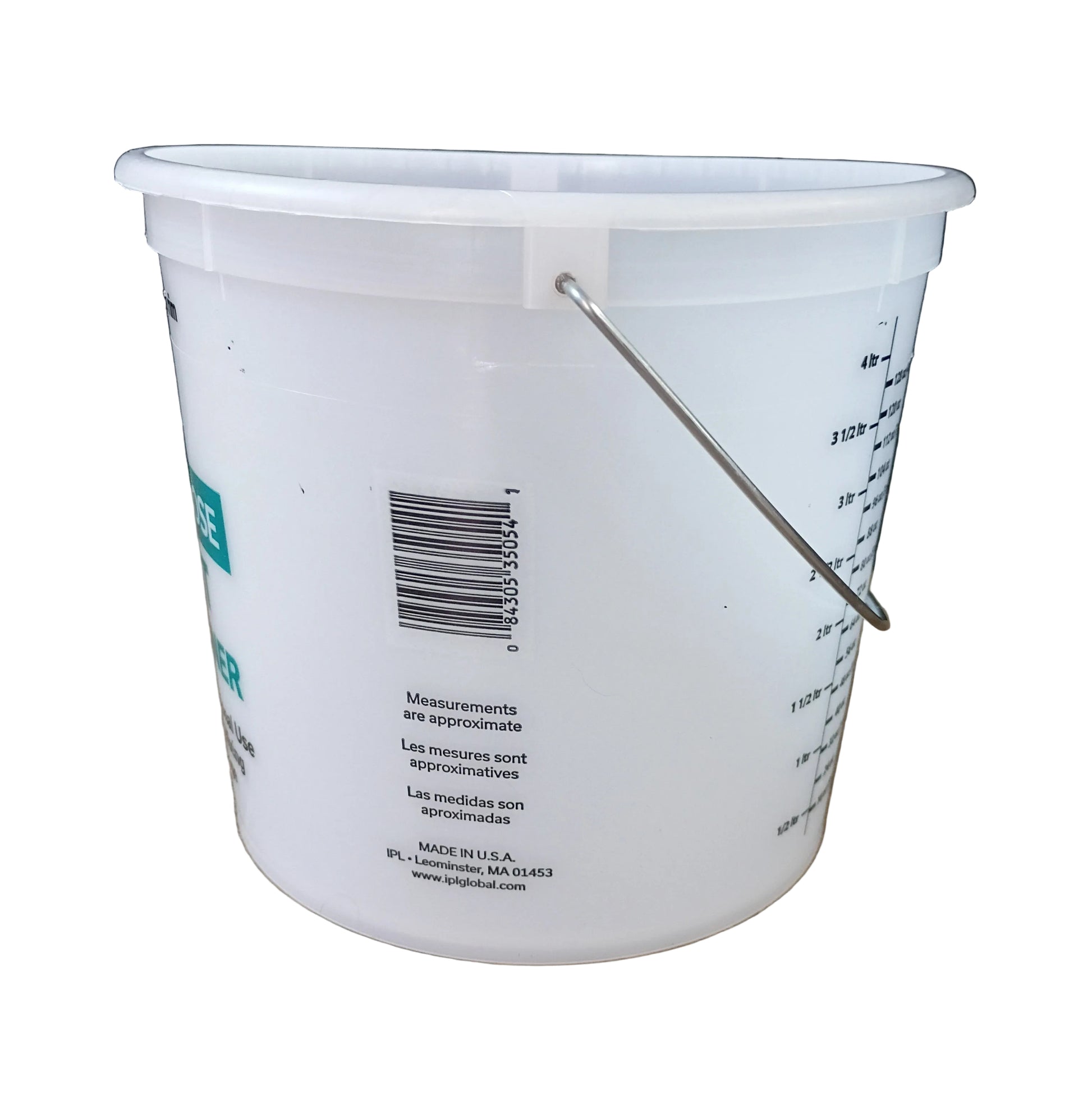 A white IPL Leaktite 5 quart plastic bucket with a metal wire handle, with a white background.