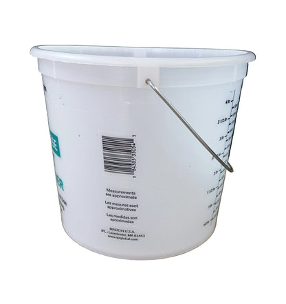 A IPL Leaktite 5 quart plastic bucket with a metal wire handle, on the side of the bucket is the bar code, and it says "measurements are approximate", with a white background.