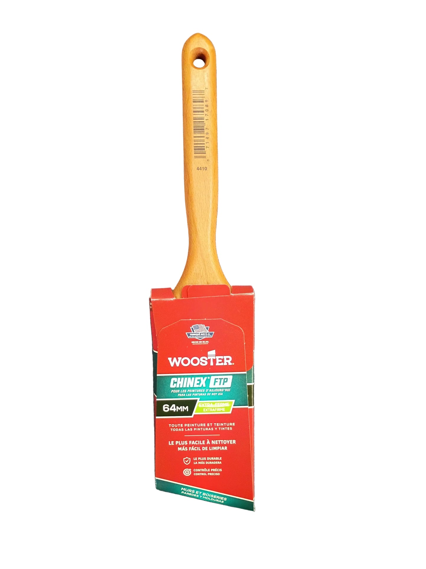 A Wooster Chinex FTP 2 1/2 inch single-handled paint brush with a light wood handle and red-and-green label, with a white background.