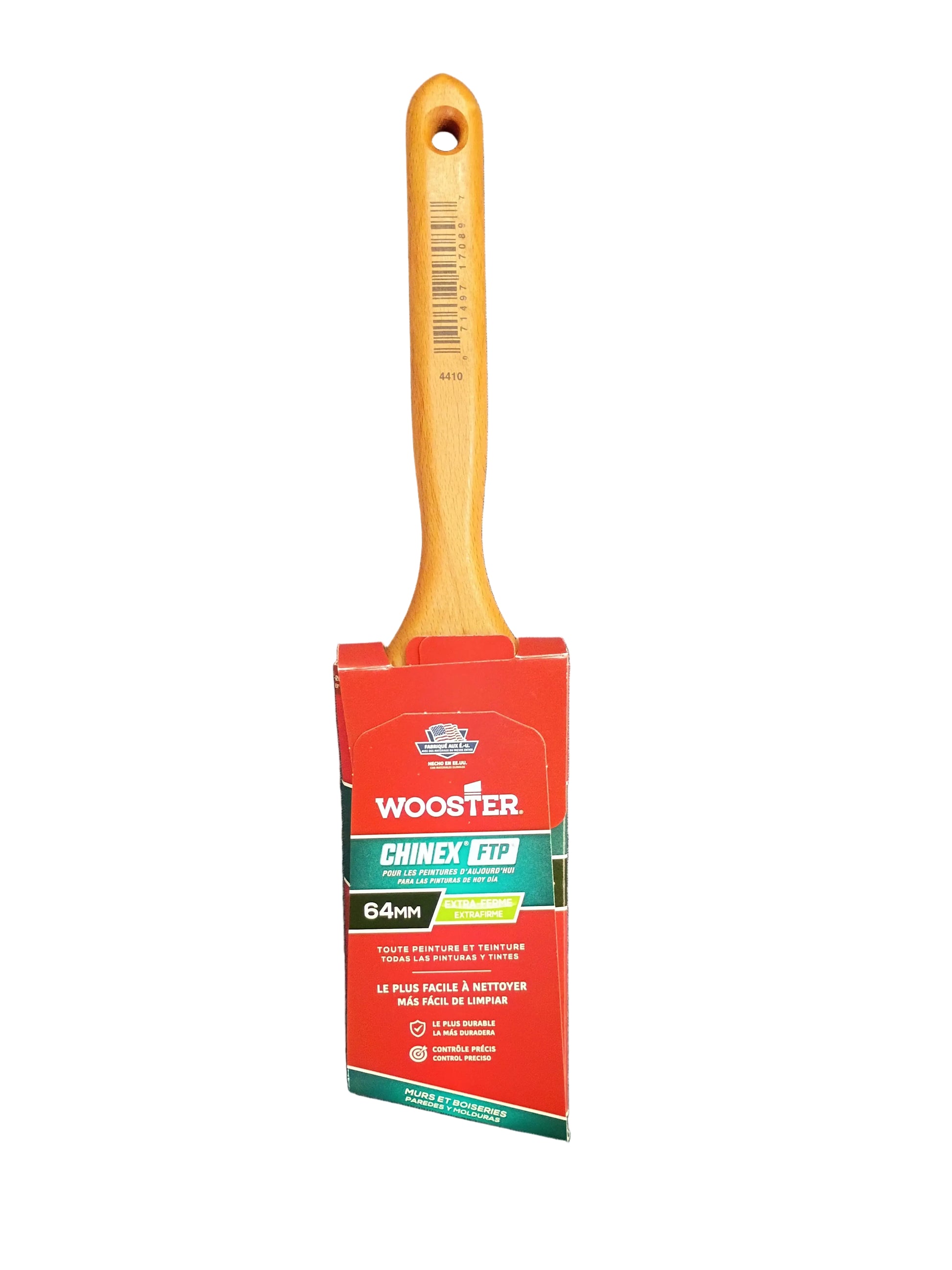 A Wooster Chinex FTP 2 1/2 inch single-handled paint brush with a light wood handle and red-and-green label, with a white background.