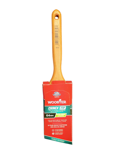 A Wooster Chinex FTP 2 1/2 inch single-handled paint brush with a light wood handle and red-and-green label, with a white background.