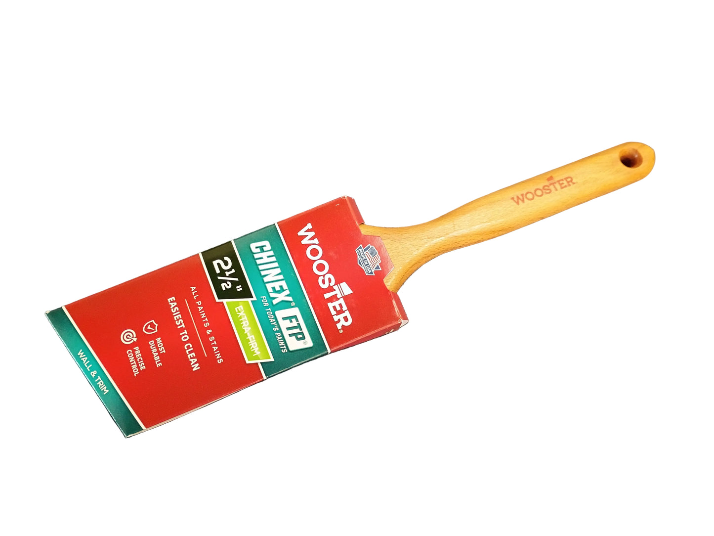 A single paint brush with a red, green, and white Wooster Chinex FTP label on the bristle head and a yellow-orange handle, with a white background.