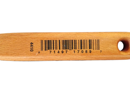 A close-up of a light brown wooden handle with a black barcode and serial number printed on it, set against a white background.