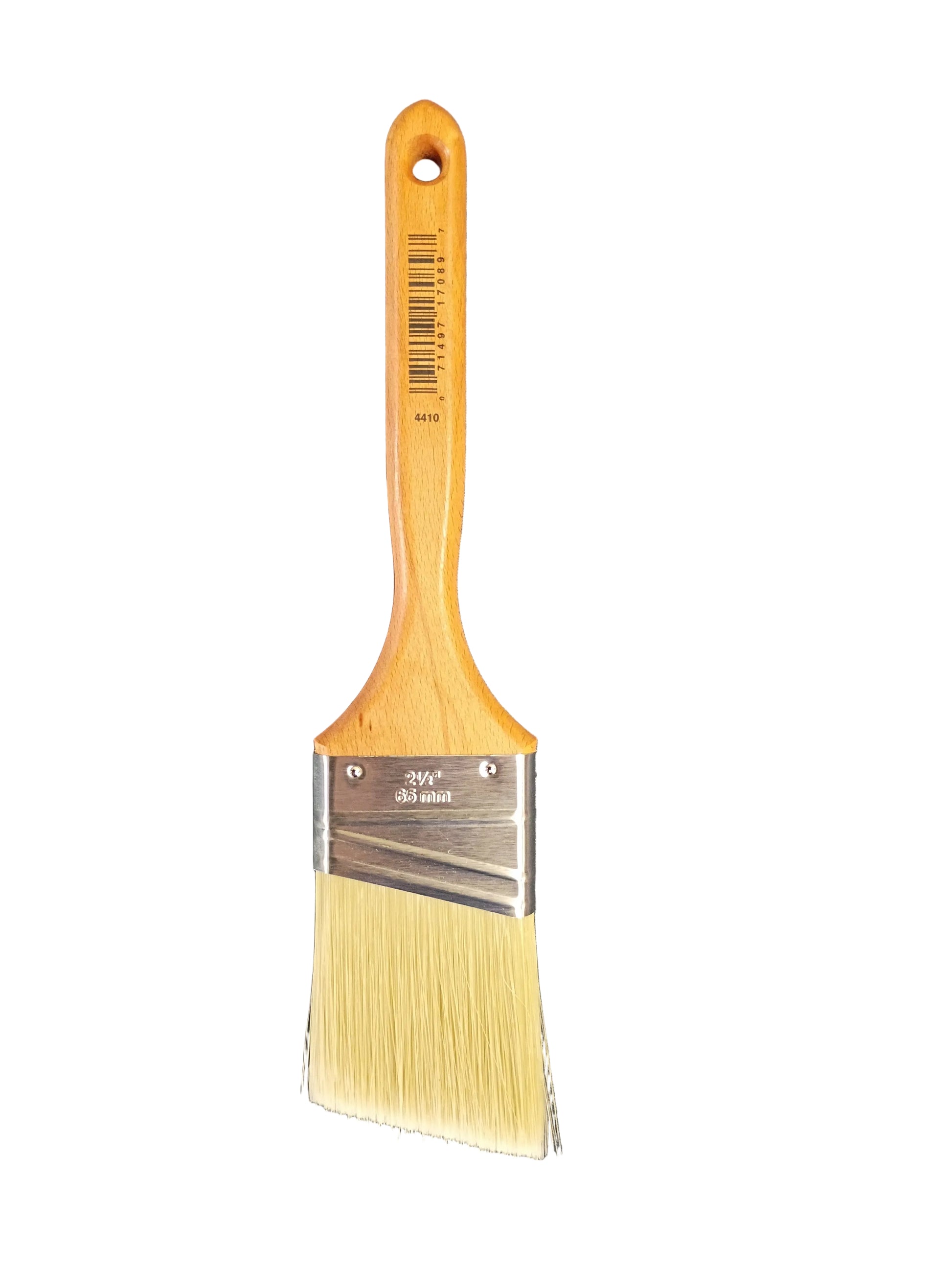 A paint brush with a light wood handle and cream-colored bristles, with a white background.
