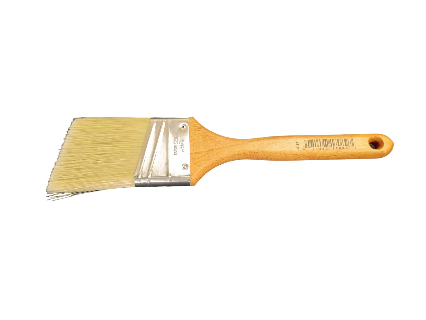 A flat paint brush with light yellow bristles, a light brown wooden handle, and a silver metal ferrule, with a white background.