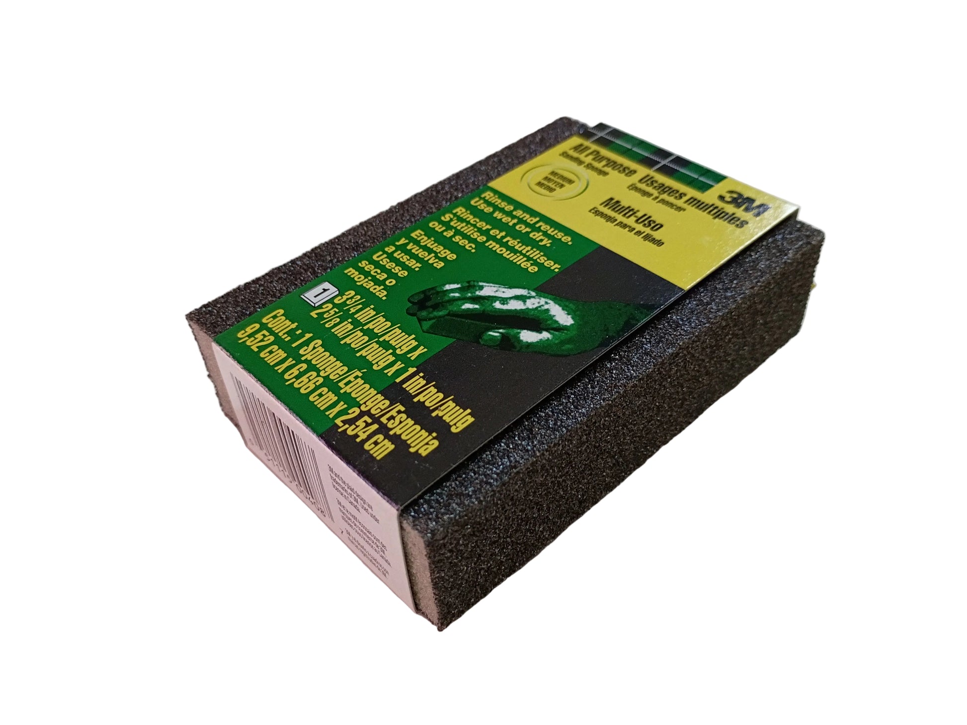 A 3M sanding block with a black and yellow label, on a plain white background.