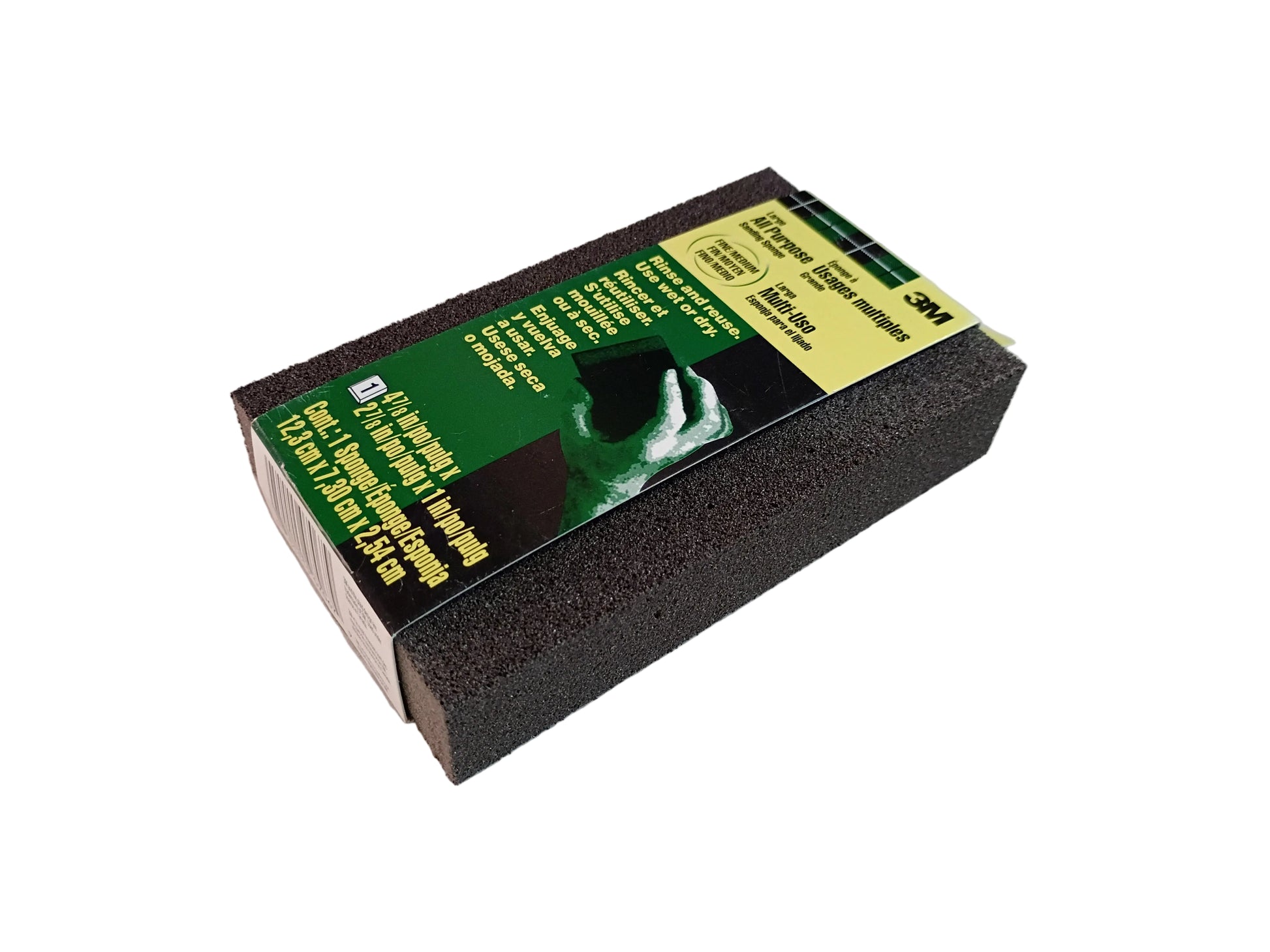 A 3M sanding sponge block with its green and yellow retail packaging, with a white background.