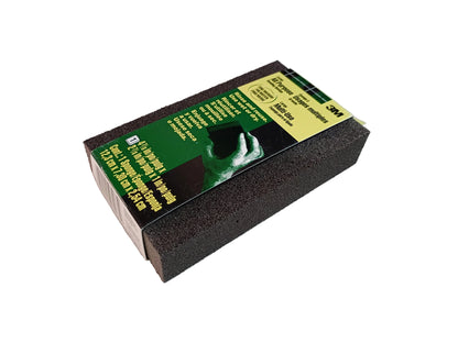 A 3M sanding sponge block with its green and yellow retail packaging, with a white background.