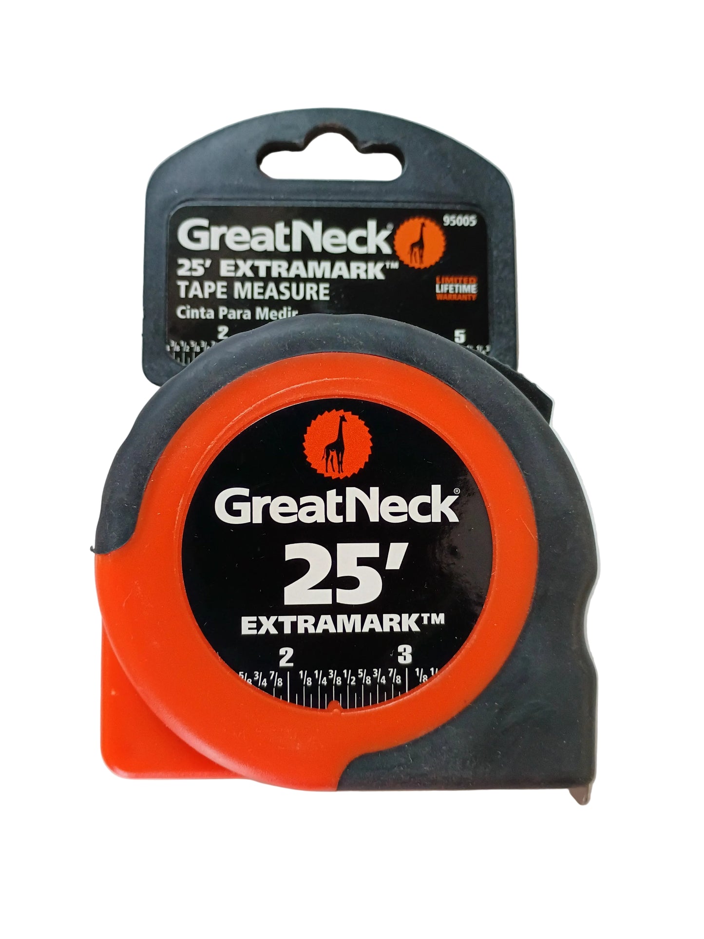 A Great Neck 25' Extramark tape measure in its retail packaging, featuring a black and orange plastic housing with a black cardboard header card.