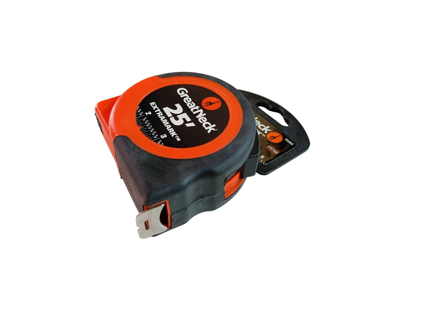 A Great Neck 25-inch tape measure with a black and orange casing, shown with its retail hang tag on a white background.